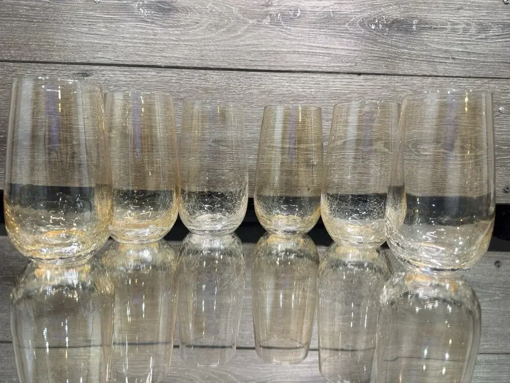 Pier 1 Amber Crackle Glass Tumblers High Ball Glasses 6” Tall~set Of 6